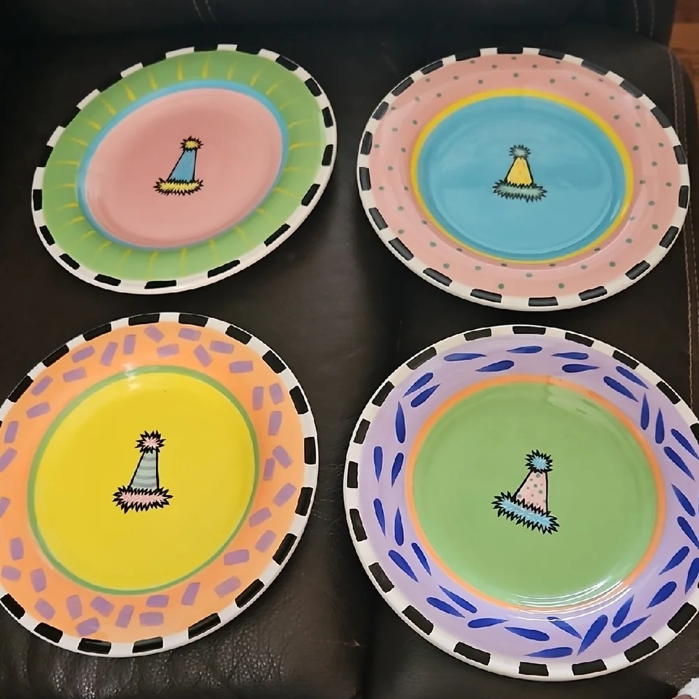 OUTTA HAND Set Of 4 Colorful Ceramic Party Hat Plates
